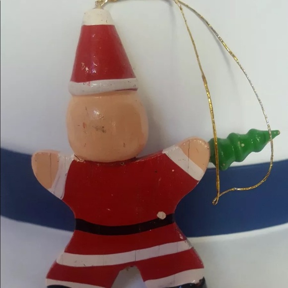 Vintage WOODEN SANTA CLAUS TREE ORNAMENT WITH SMALL TREE 3 1/2" • pre-owned - Picture 4 of 7